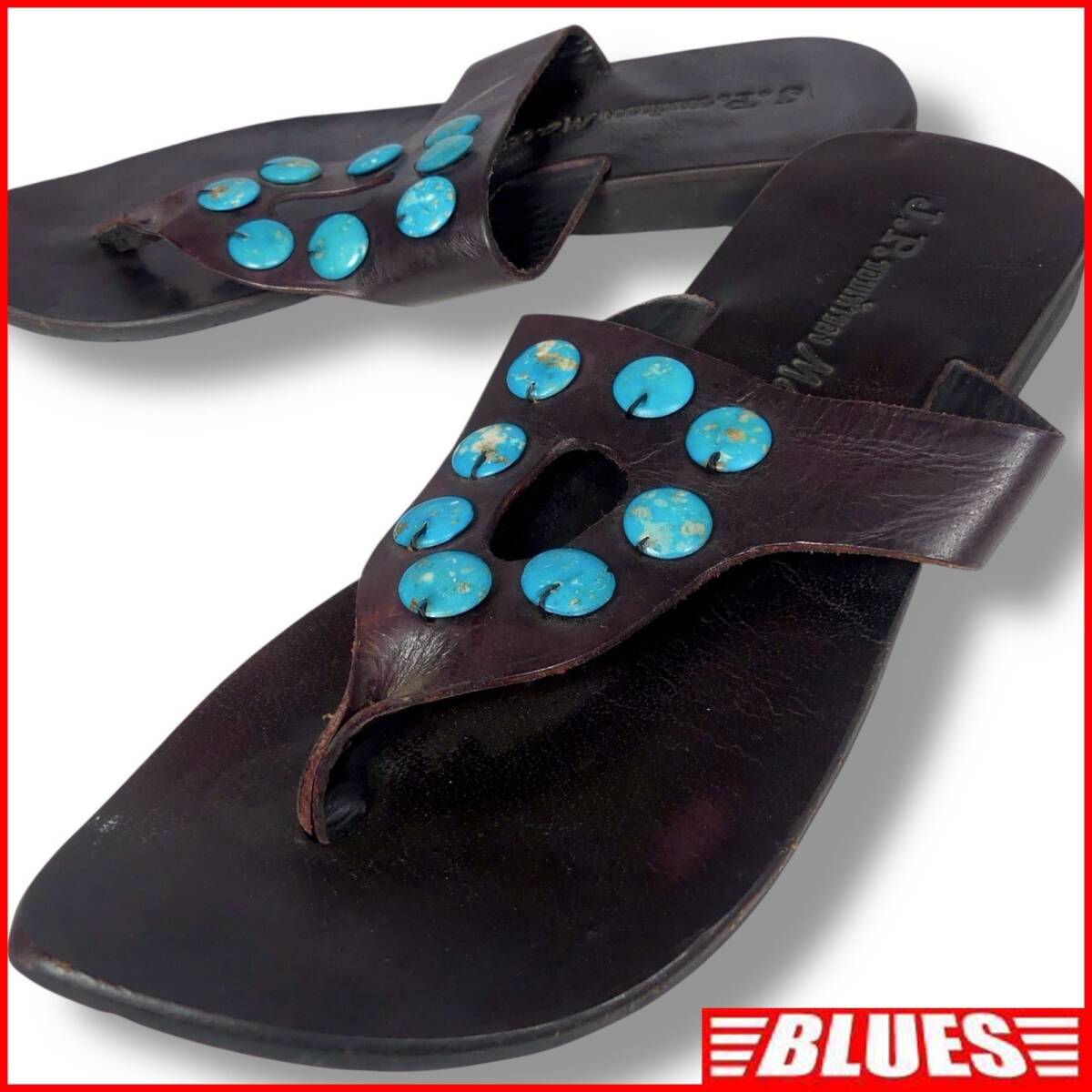 即決★J.P. Mattie★28cm レザーサンダル ジェイピー・マッティ メンズ 10 黒 ターコイズ 本革 スリッパ 本皮 ビーチサンダル 革靴拍卖