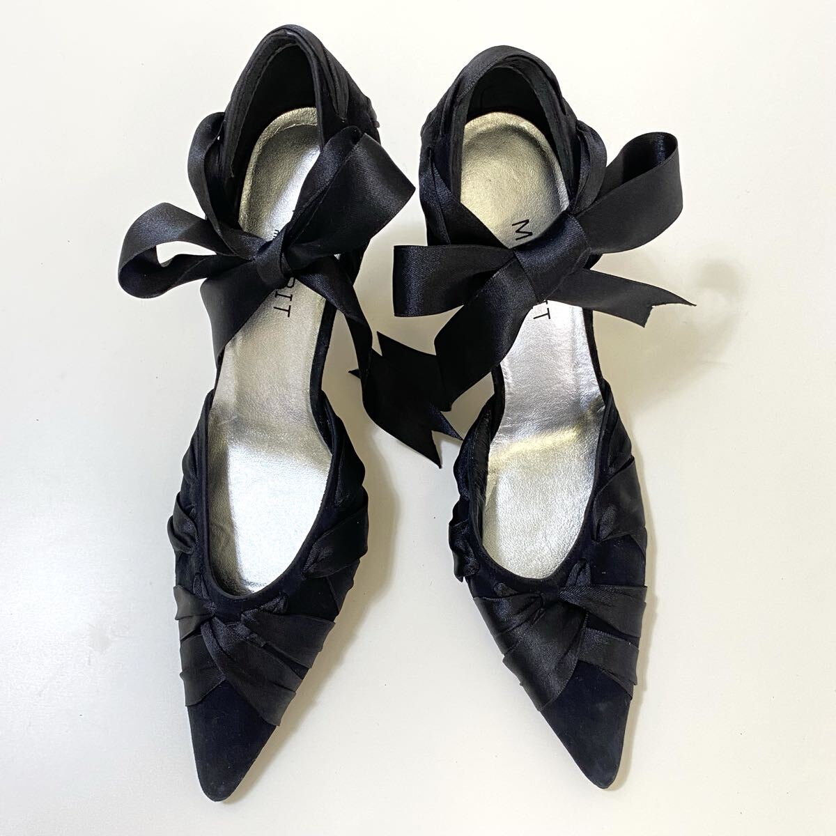 ★ スペイン製 MAGRIT サテンリボン付 パンプス 黒 サイズ37 ◆ ヒール高9cm フォーマル パーティー マグリット ◆D3 LMPち3-11拍卖