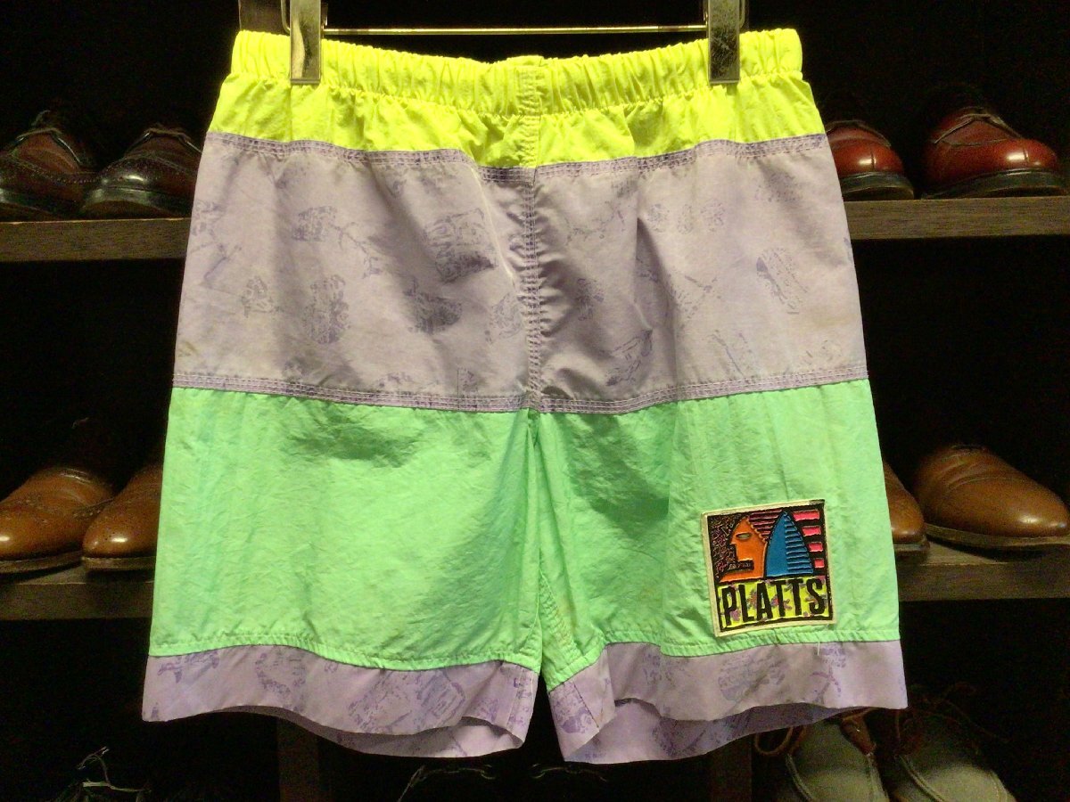 90’S MADE IN USA PLATTS NYLON SHORTS SIZE 34 アメリカ製 プラッツ ナイロン ショーツ スイム サーフ 短パン 総柄 水陸両用拍卖