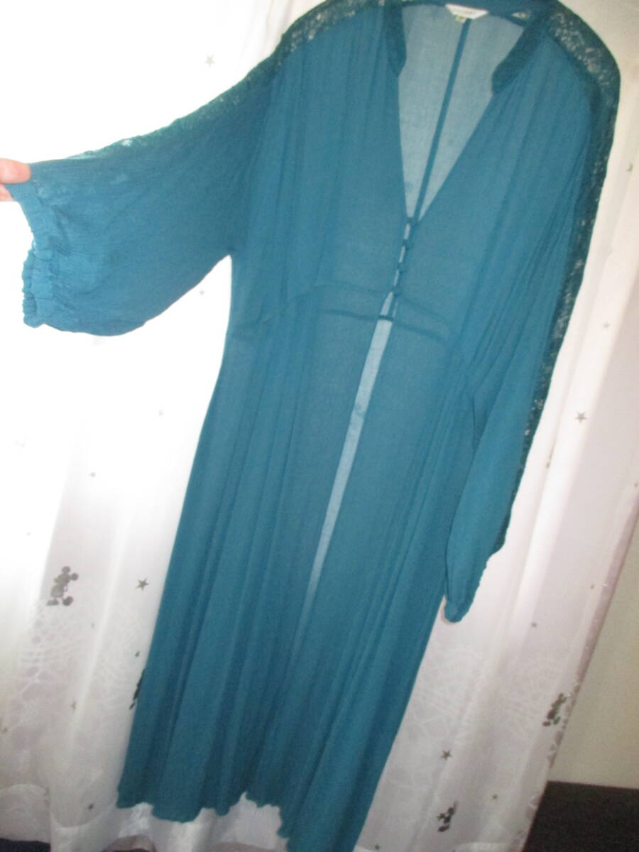 MOUSSY マウジー レース 長袖 丈長 ロング カーディガン サイズF グリーン系 レディース ブルーグリーン レーヨン100% Mサイズ拍卖