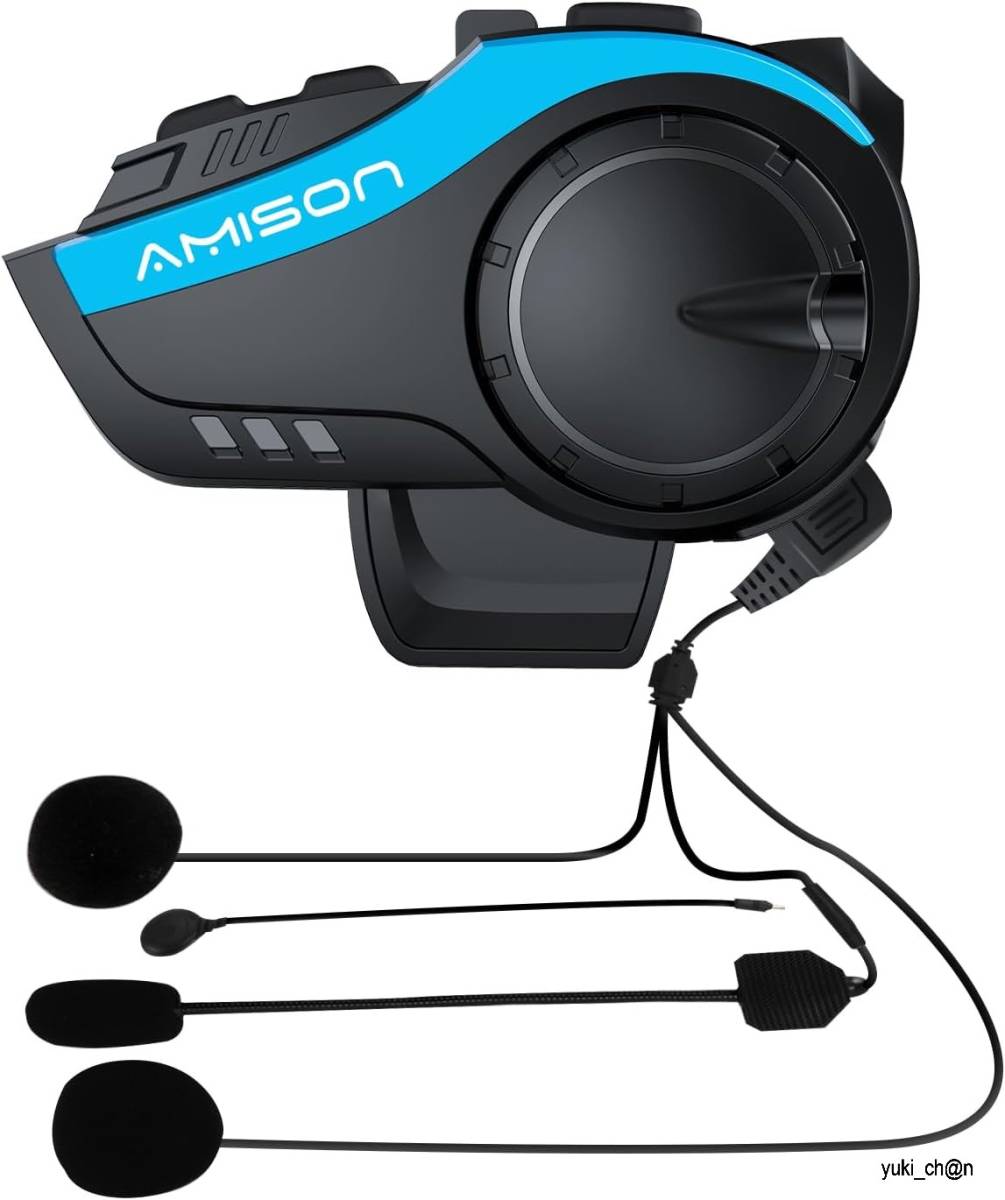 バイクインカム ブルー色 10人同時通話 最大通話距離2000m Bluetooth5.0 無線機バイク 連続28H時間通話 IP67防水拍卖