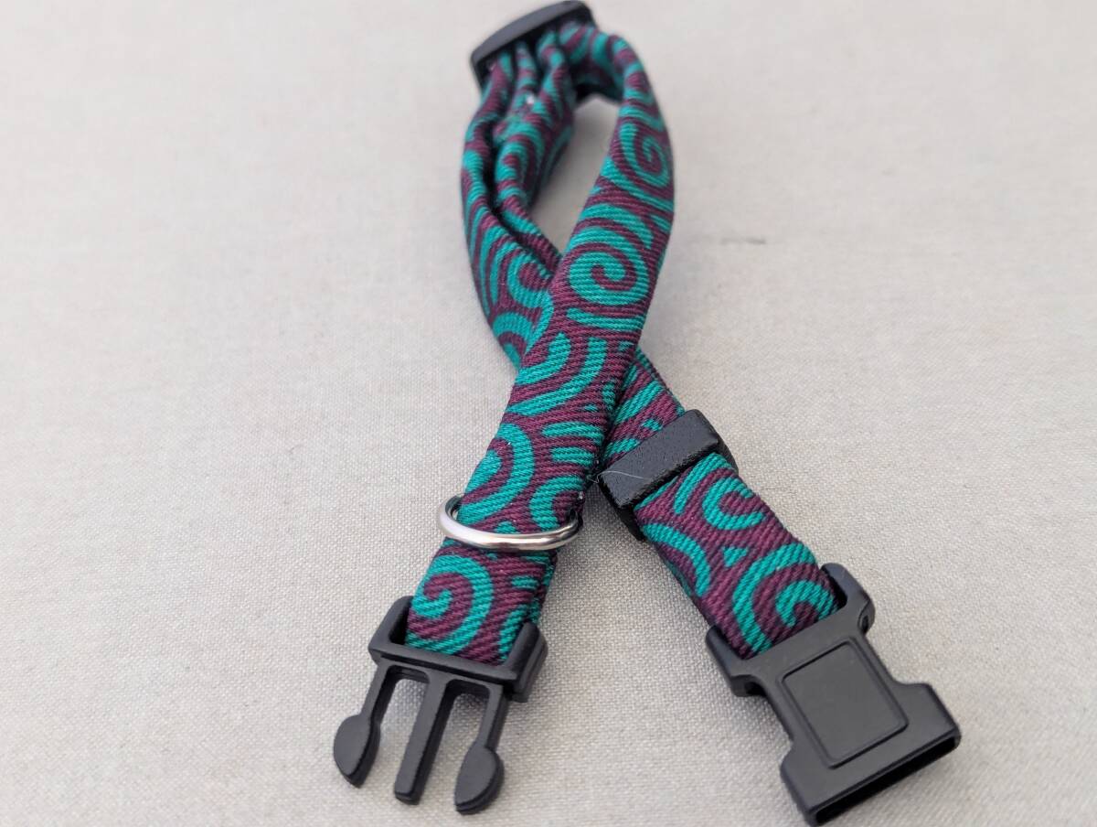 ★手作り京都作家物 猫 首輪 和柄★青緑地濃紫渦巻きの柄★ハンドメイド (セーフティタイプ) 即決700円拍卖