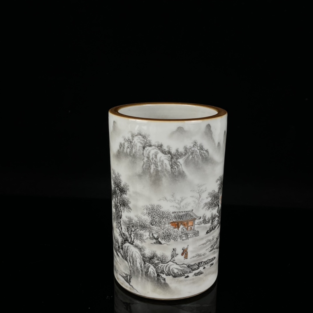 zz7|5184 中国磁器 陶芸 磁器『珠山八友汪小亭款墨彩山川秀色図紋飾筆筒です』施釉陶 古代工芸品 陶芸 精美彫 置物 收藏品拍卖