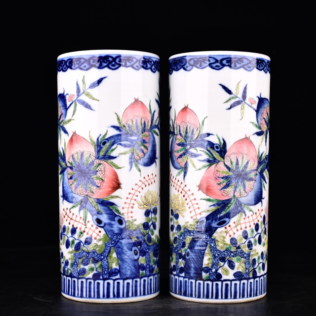zz7|5206 中国磁器 陶芸 磁器『清乾隆青花粉彩折枝九石榴帽桶一対』施釉陶 古代工芸品 陶芸 精美彫 置物 收藏品拍卖