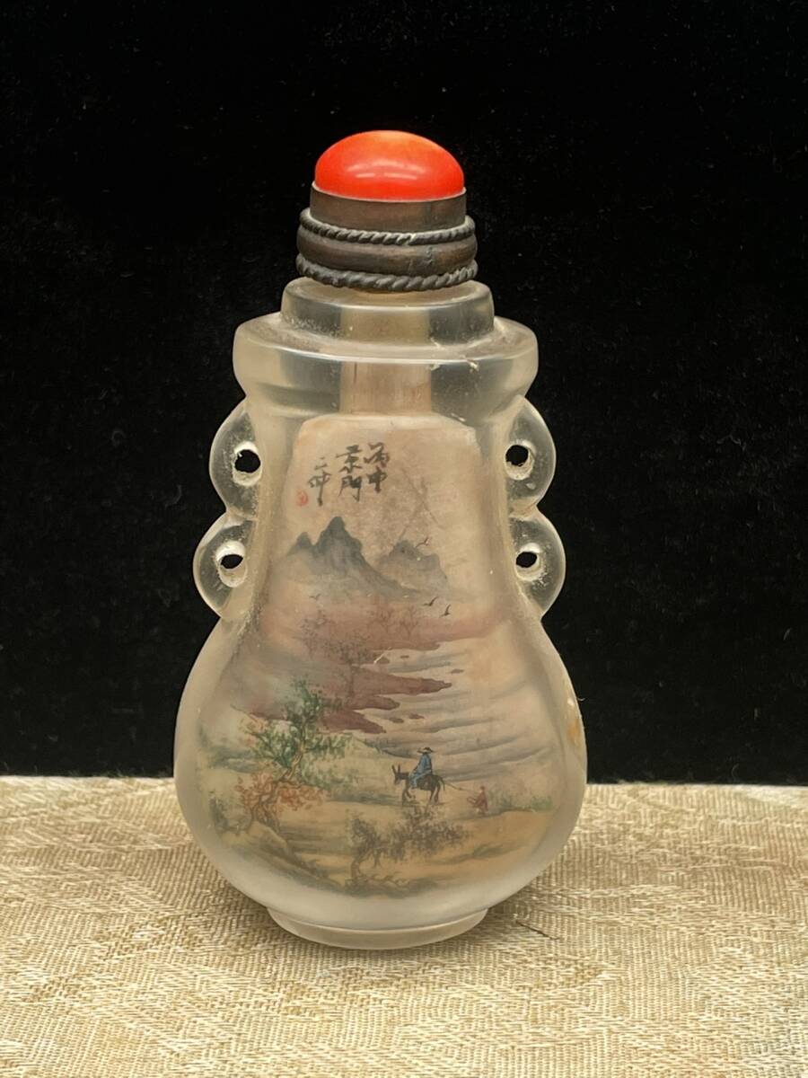 zz7|4447 和田玉 人間国宝【水晶内画山水人物故事鼻煙壺 】 中国古玩 中国骨董 伝世珍品 風水秘蔵 伝世家珍 收藏品 置物 拍卖