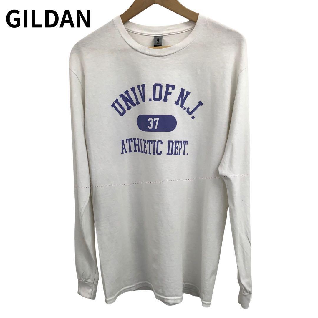 ギルダン Tシャツ ロゴ カレッジ 長袖 ロンT ホワイト プリント 丸首 M拍卖