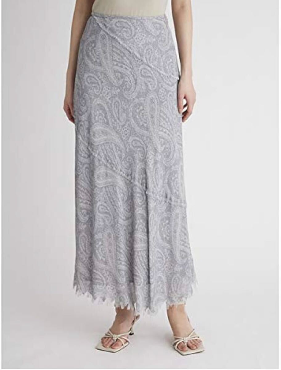 ミラオーウェン 切りっぱなし 総柄 斜め切り替え ナロースカート グレー ロング拍卖