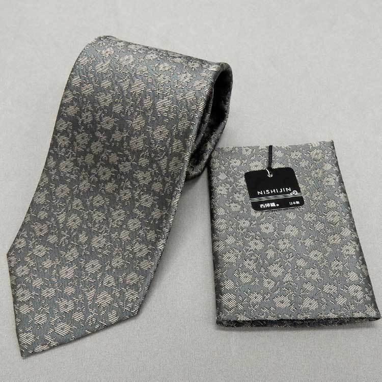西陣織 フォーマルタイ チーフ付 法事用 グレー×グレージュ 花柄 シルク100% 日本製 礼装 法要 49日 ポスト投函便送料無料 njc27-G拍卖