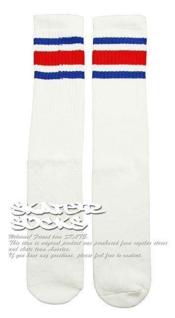 (3948) SkaterSocks ロングソックス 靴下 スケボー 白x青x赤拍卖