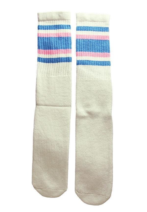 (6008) SkaterSocks ロングソックス 靴下 白x水色xピンク拍卖