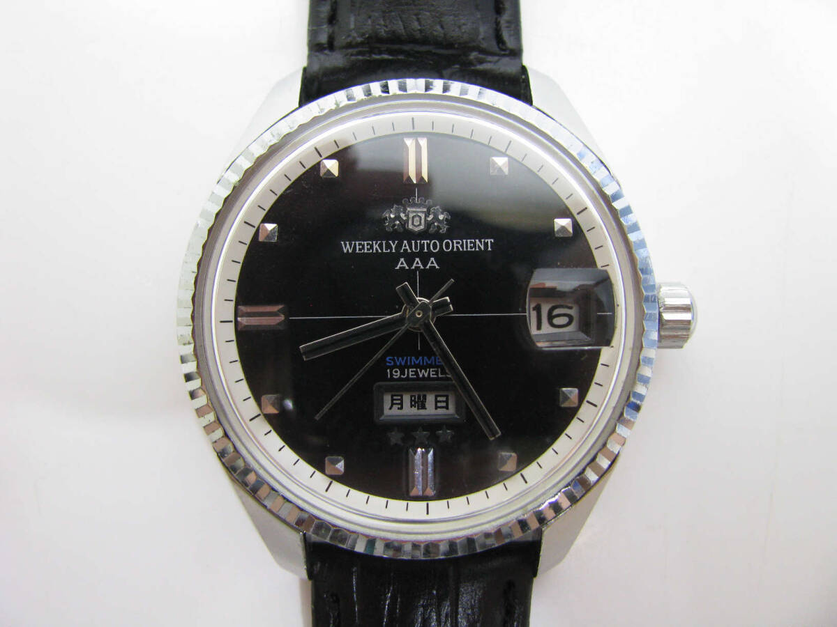 ★ビンテージ★WEEKLY AUTO ORIENT SWEMMER 19石 AAA オリエント スイマー 黒文字盤 風防 ベルト 交換済拍卖