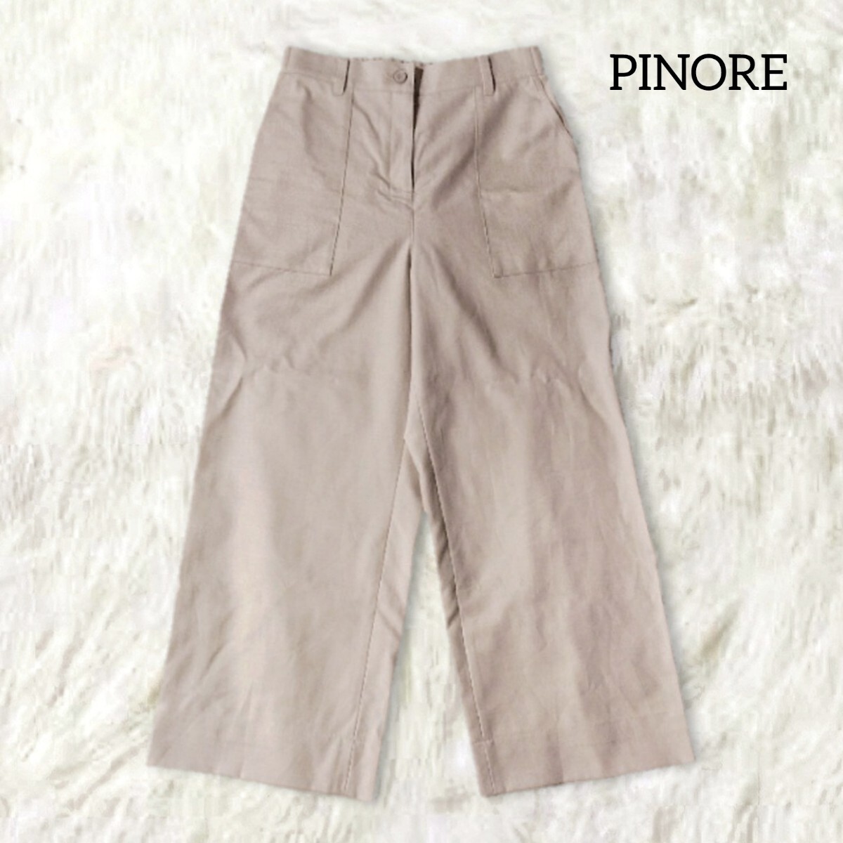 72 【PINORE】 ピノーレ ワイドパンツ ボトムス スラックス 40 L ベージュ 無地 シンプル 薄手 レーヨン ウエストゴム レディース拍卖