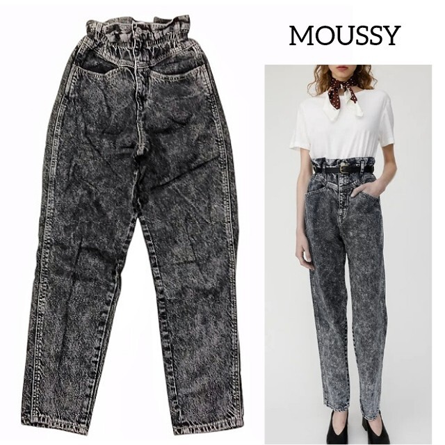 68 【MOUSSY】 マウジー ハイウエスト ケミカルウォッシュ デニム ジーンズ ジーパン ズボン ボトムス 0 ブラック レディース拍卖