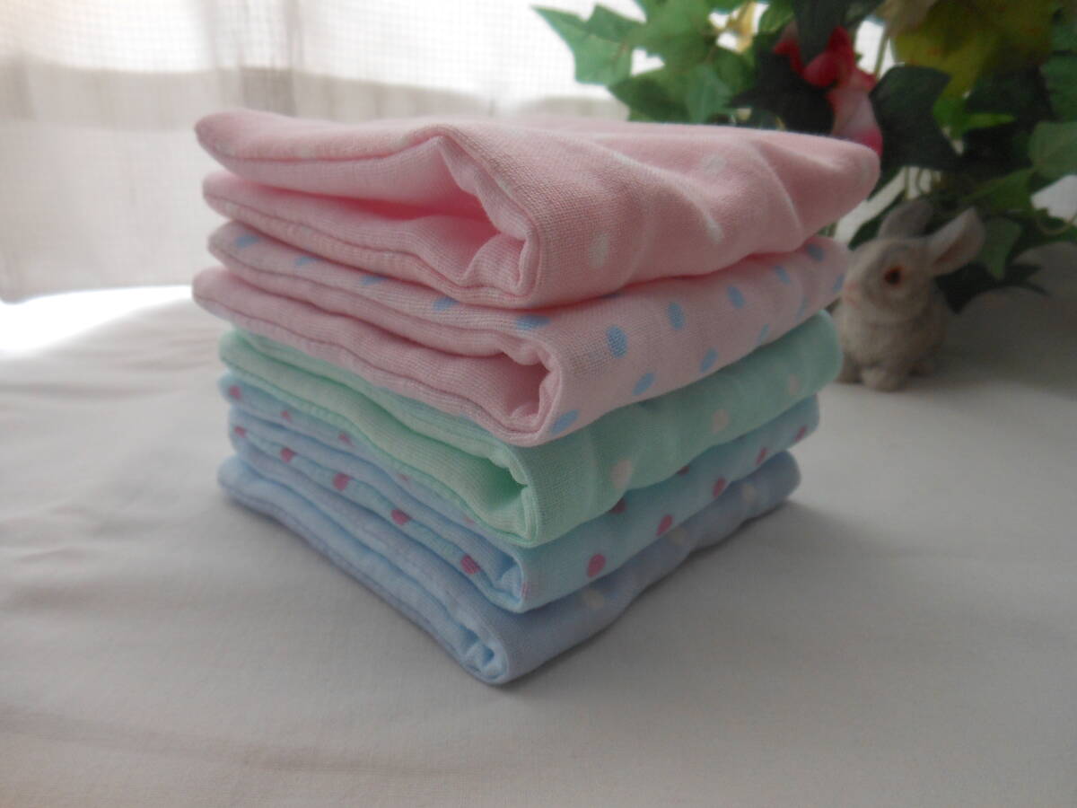 ふわふわガーゼハンカチ パステルカラードット 5枚 赤ちゃん 出産 入園 入学 バザー プチギフト ♪ハンドメイド 未使用拍卖