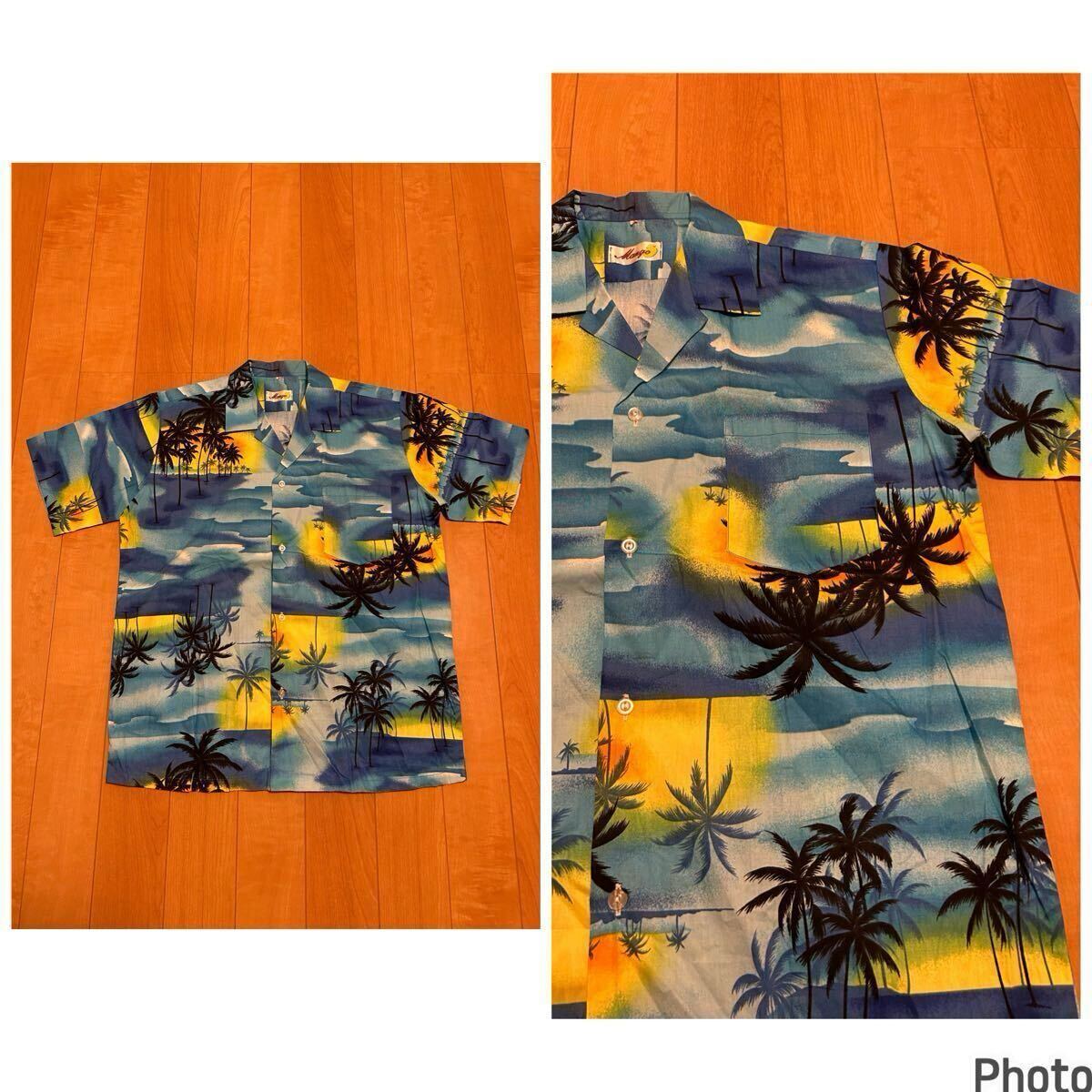 当時物.新品未使用デッド品☆Mango/マンゴ メンズサイズM 半袖開襟古いアロハシャツ/かりゆしウェア 風景画 ヤシの木&夕日?海空総柄 OLD拍卖