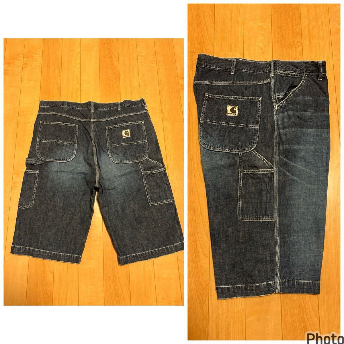 良品☆カーハート メンズサイズW42.実寸106 インディゴデニム.ペインターワークショートパンツ 色落ち&ダメージ加工 ロゴパッチ付&3本針縫拍卖