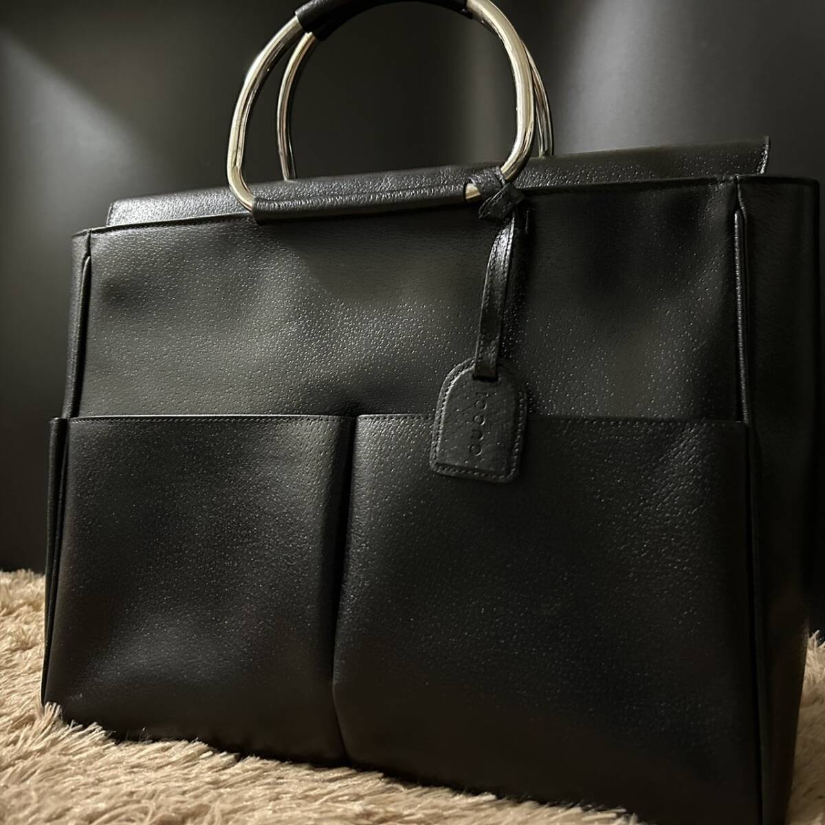 1円~【希少/極美品】グッチ GUCCI ハンドバッグ メンズ ビジネス 手提げ ブリーフケース メタルハンドル A4 PC 書類鞄 レザー ブラック 黒拍卖