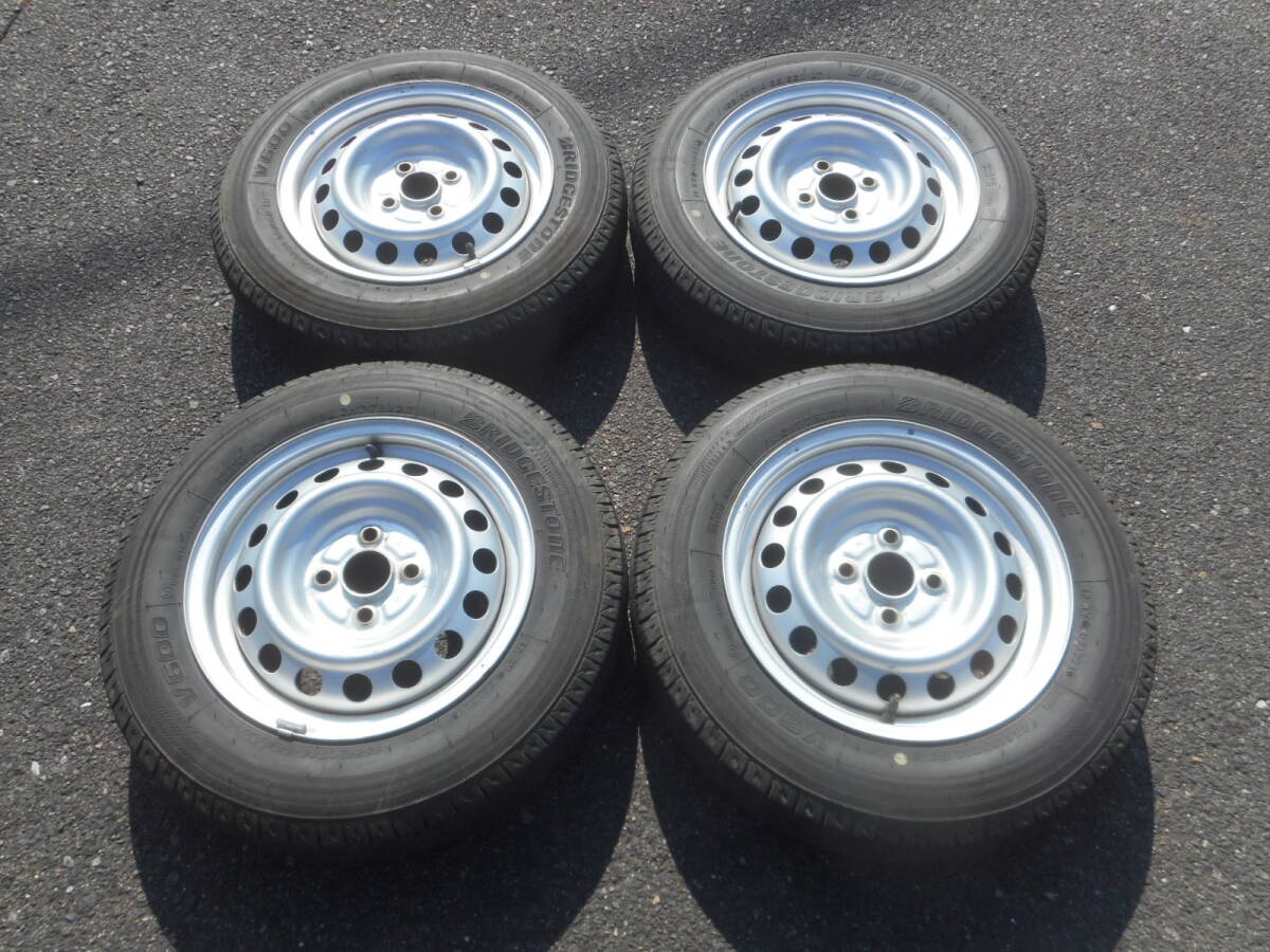プロボックス 純正 スチールホイール 鉄チン 5J 14インチ+39 PCD100-4穴 14in 155/80R14 BRIDGESTONE V600 21年製 9分山ラジアルタイヤ付拍卖