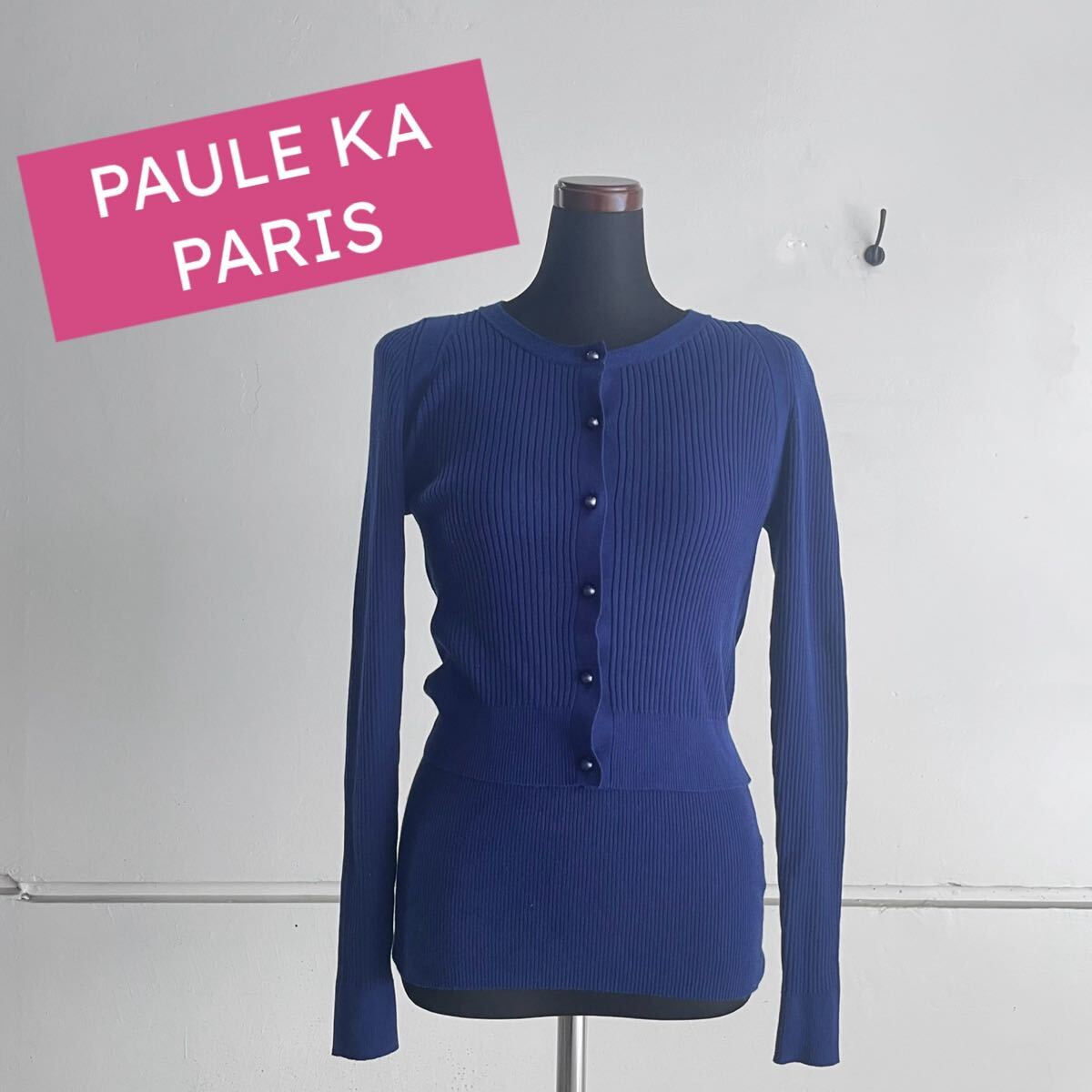 PAULE KA ブルー リブカーディガン・半袖リブニットセット Lサイズ D拍卖