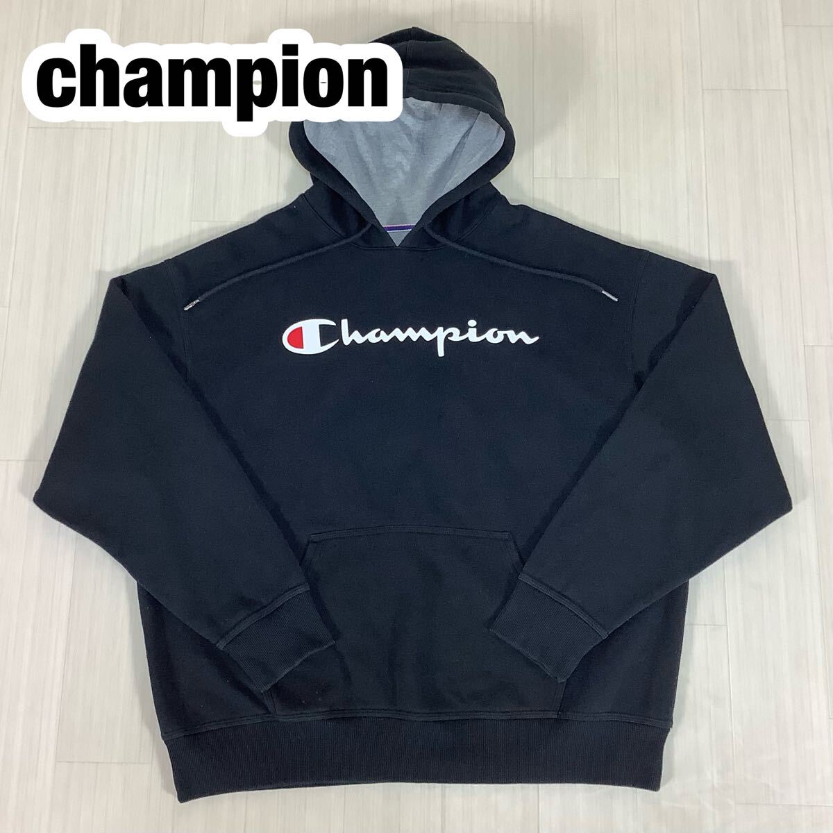 champion チャンピオン プルオーバー スウェットパーカー ASIA表記3XL ブラック 黒 裏起毛 ビッグプリント 大きいサイズ拍卖