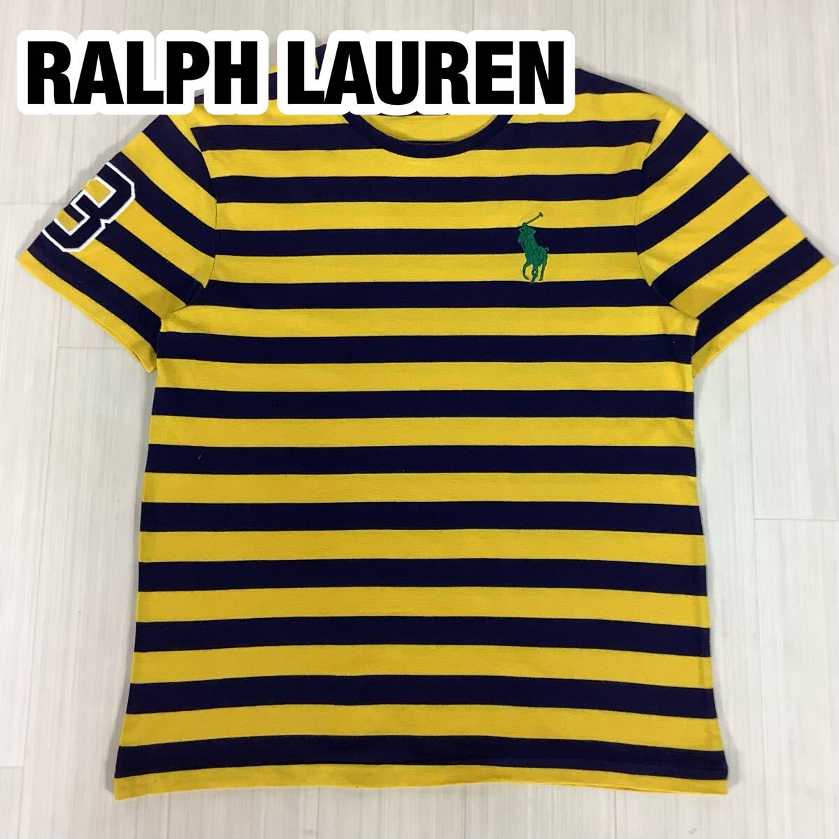 POLO RALPH LAUREN ポロラルフローレン 半袖Tシャツ S イエロー×ネイビー ボーダー 刺繍 ビッグポニー 袖ゼッケン拍卖