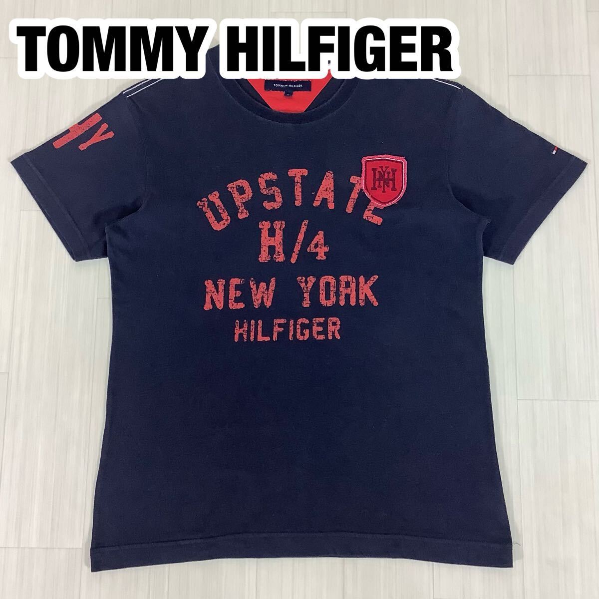 TOMMY HILFIGER トミーヒルフィガー 半袖Tシャツ L ネイビー 濃紺 ビッグプリント ワッペン 刺繍ロゴ拍卖