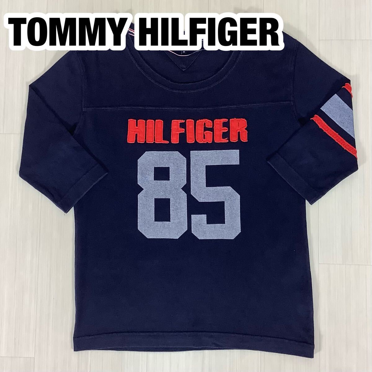 TOMMY HILFIGER トミーヒルフィガー 七分袖 Tシャツ M ネイビー 濃紺 ワッペン ビッグプリント拍卖