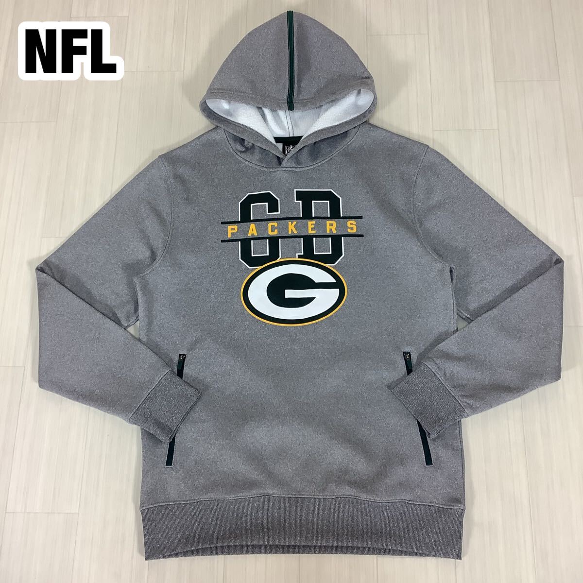美品 NFL グーリンベイ・パッカーズ プルオーバー スウェットパーカー M 霜降りグレー 裏起毛 ビッグプリント拍卖