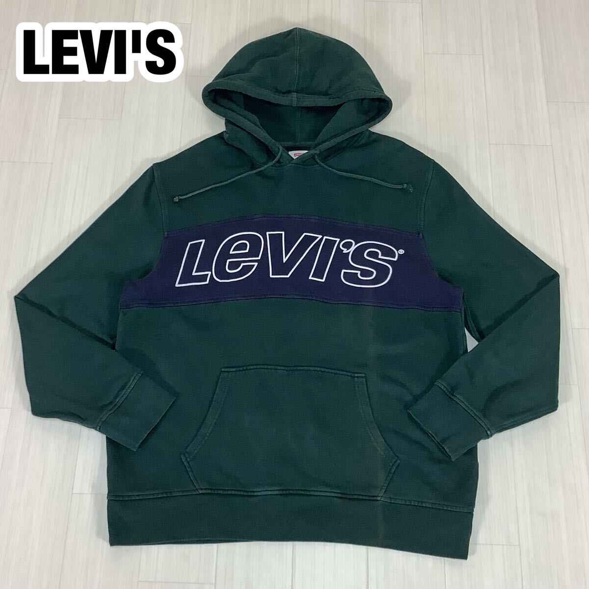LEVI'S リーバイス プルオーバーパーカー フーディー L ダークグリーン 深緑 切り替えし配色 ビッグロゴ パイル裏地拍卖