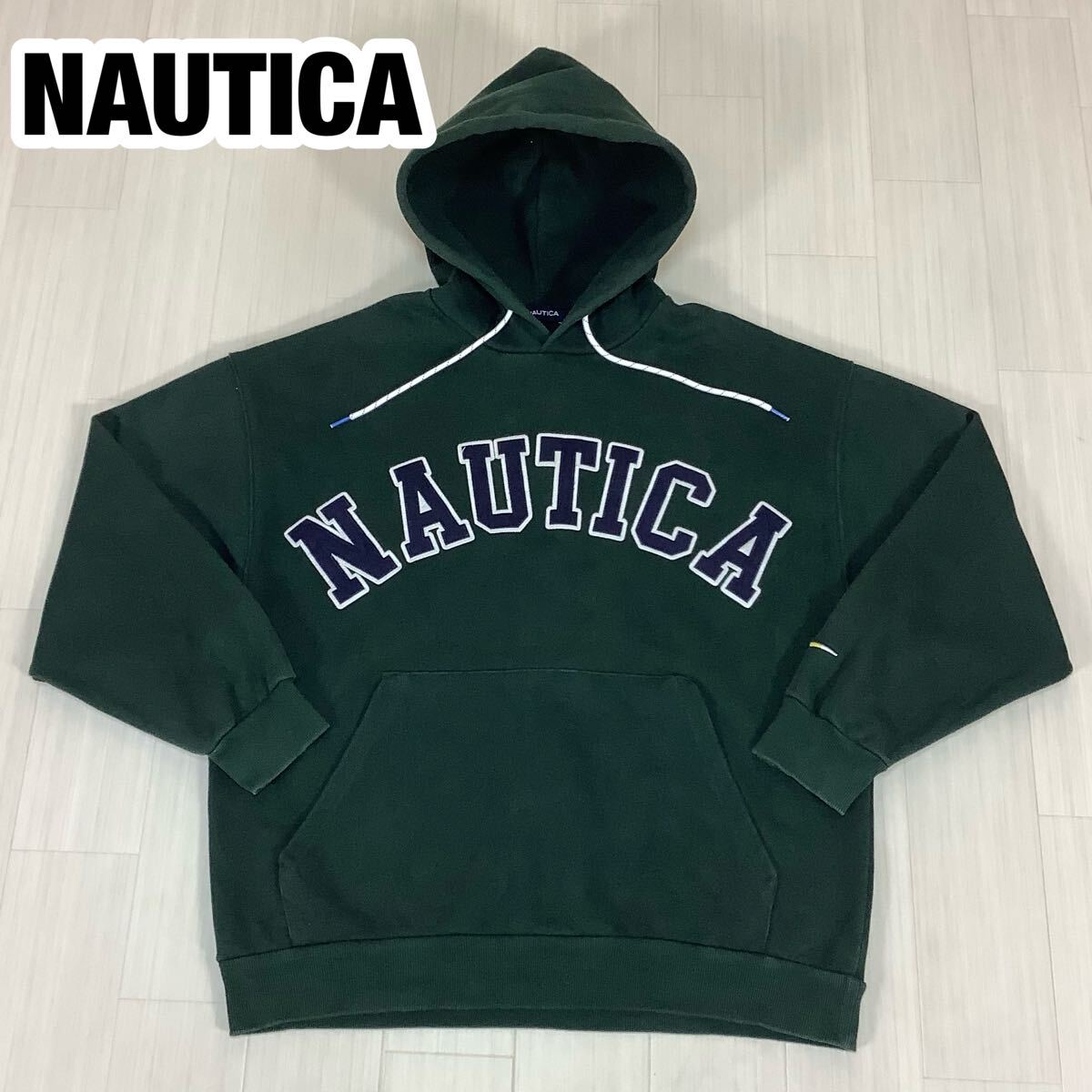 NAUTICA ノーティカ プルオーバーパーカー M ダークグリーン 深緑 ヘビーウエイト ワッペン ビッグロゴ パイル裏地拍卖