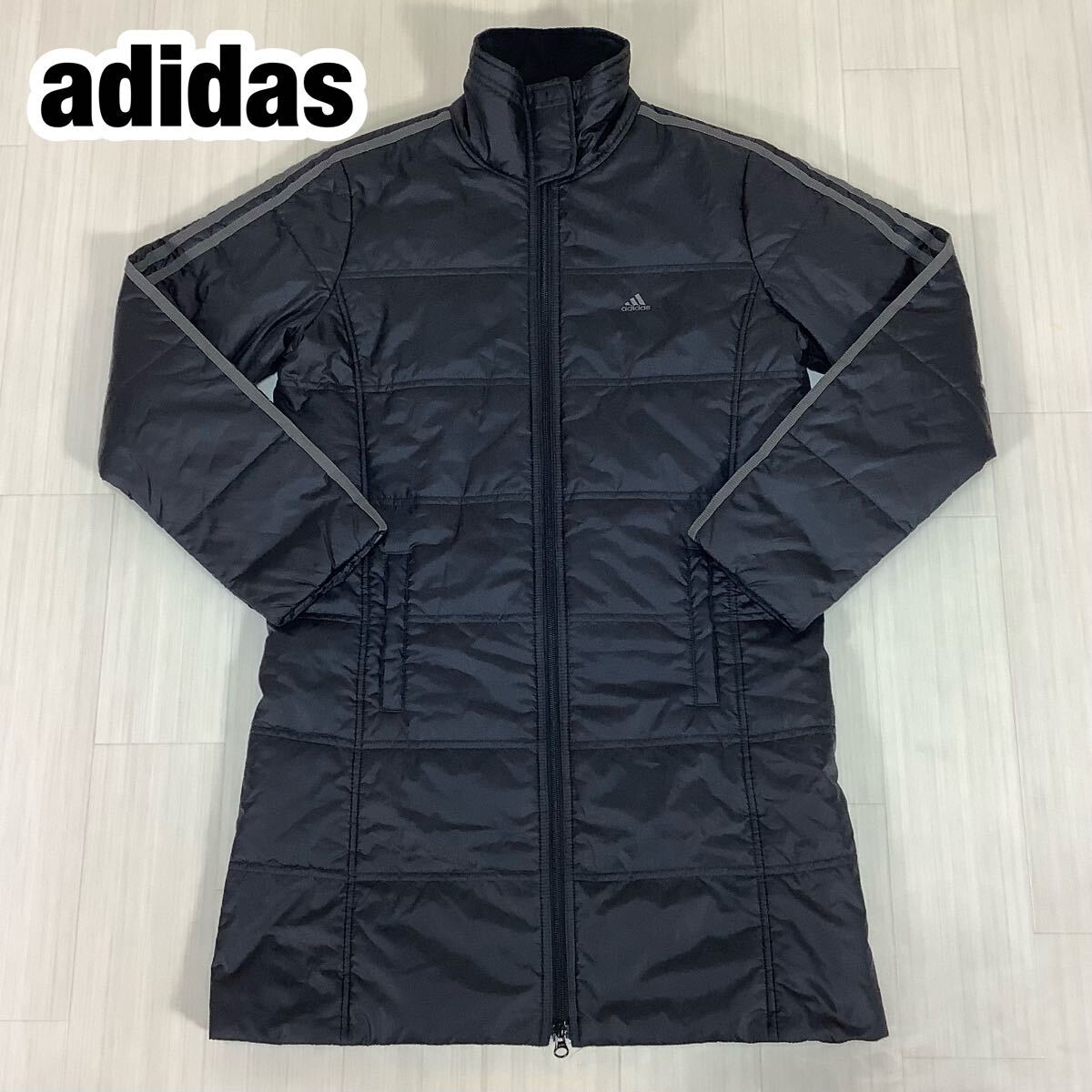 美品 adidas アディダス 中綿 ベンチコート ダウンコート ブラック 黒 M 3ストライプ スリーライン 刺繍ロゴ拍卖