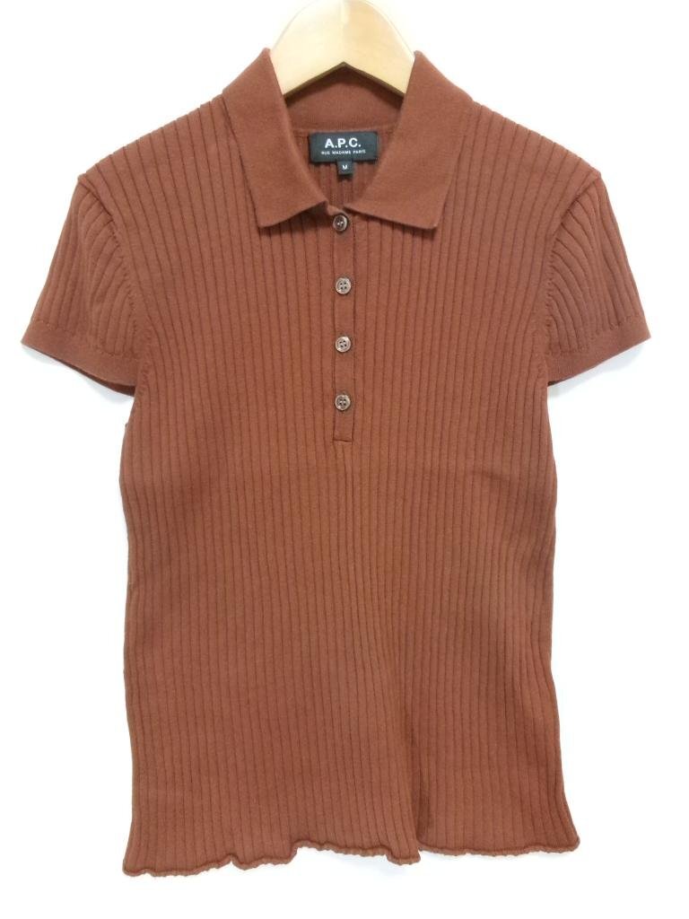【送料込】 A.P.C. アーペーセー ニット ブラウン 茶 無地 コットン 綿100% リブニット 半袖ポロニット 前ハーフボタン sizeM/970918拍卖
