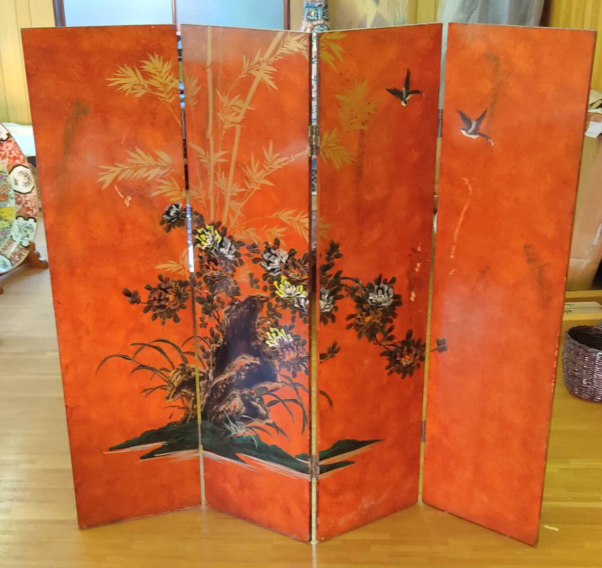 28) 福島県南発 H150×W160 4連 衝立 花鳥 パーティション 仕切り 4枚 折りたたみ式 和家具 和室 中国 レトロ 中古 手渡し 引取可 送5240~拍卖