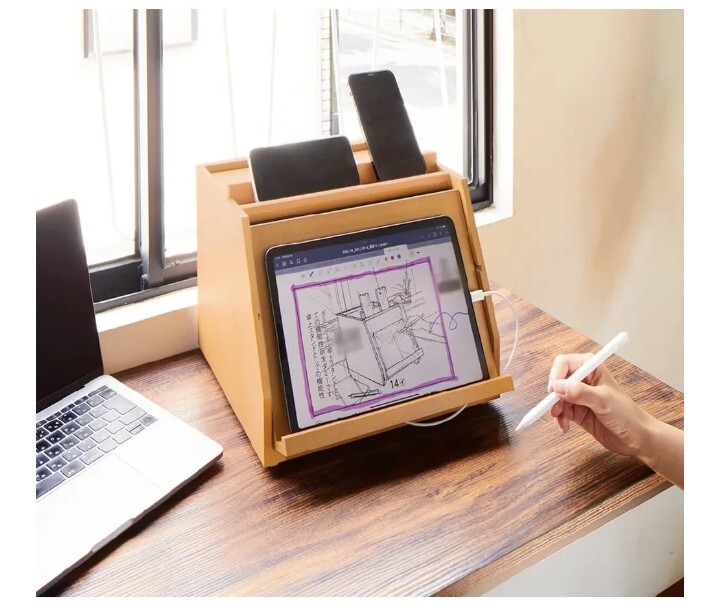 日本製 スマホ タブレット スタンド 充電 ステーション 木製 収納 ディノス拍卖