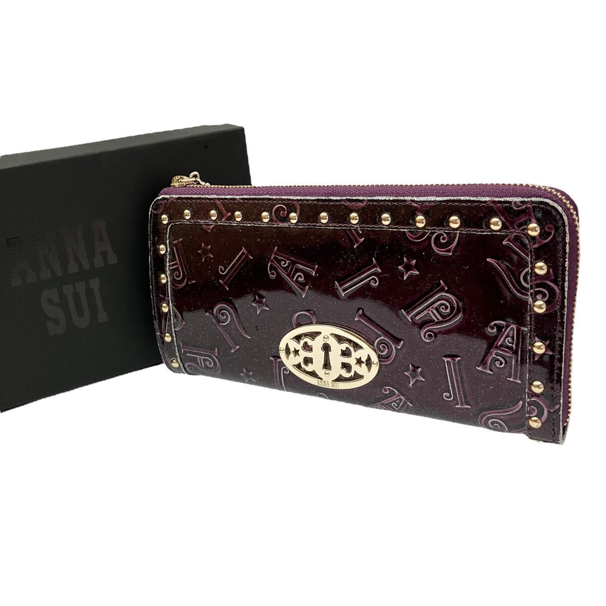 未使用 ANNA SUI アナスイ ラウンドファスナー エナメル 長財布 パープル レディース ジッピーウォレット拍卖
