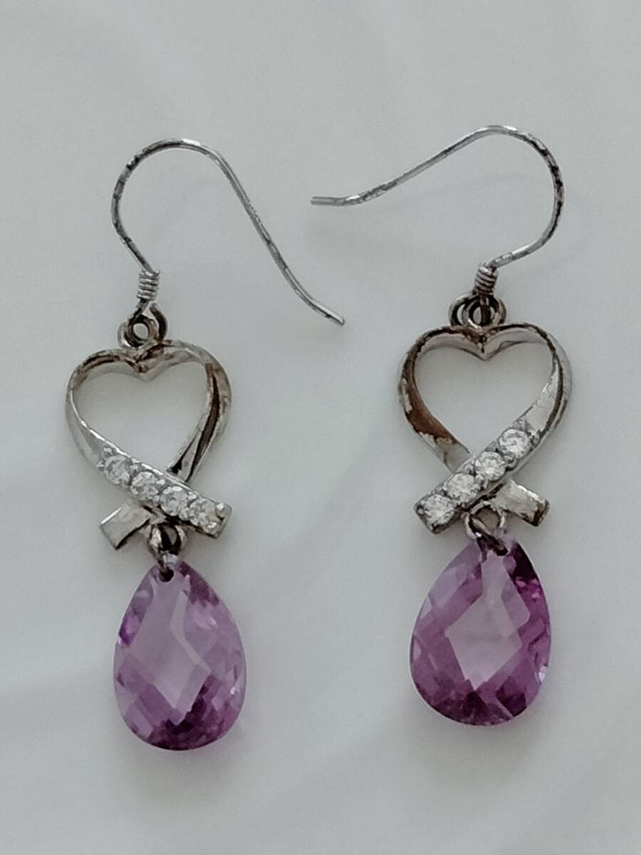 新品一点もの シルバー 可愛いパープルストーン デザインロングビアス拍卖