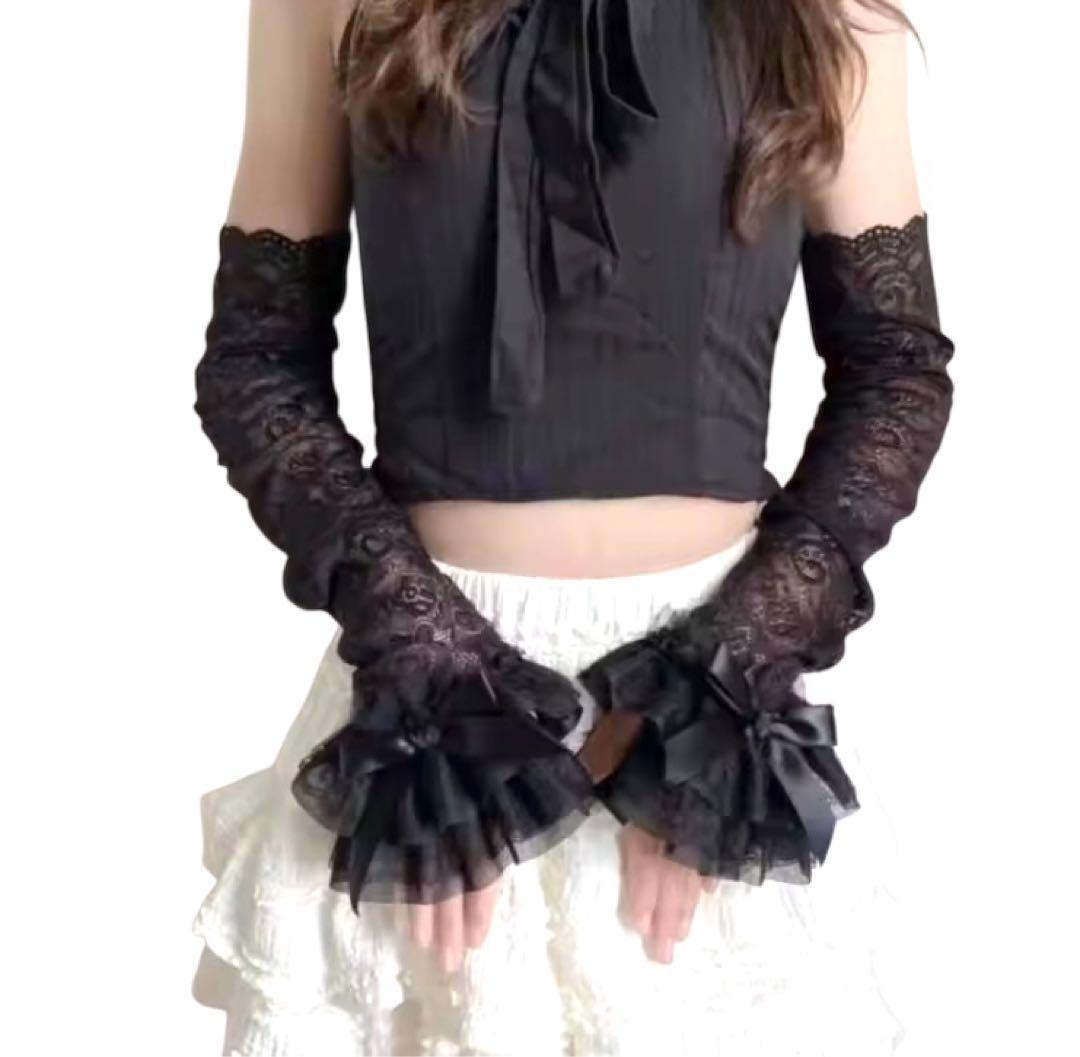 アームウォーマー フリル ブラック レース つけ袖 総丈48cm c4-3拍卖