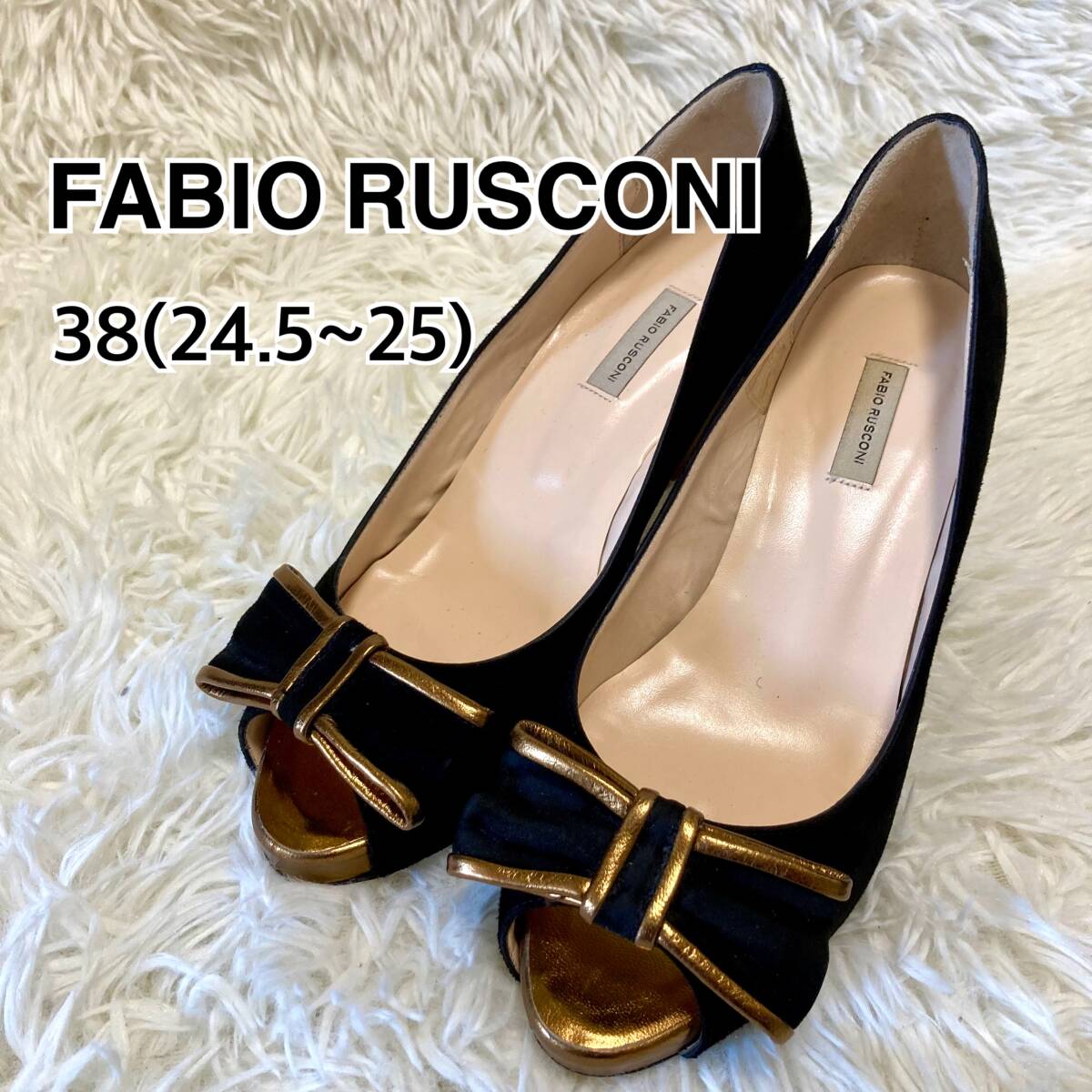 ★即決★送料無料★匿名発送★ FABIO RUSCONI ファビオ・ルスコーニ パンプス オープントゥ 黒 38 リボン ブラック拍卖