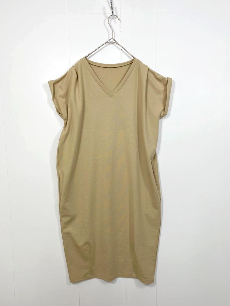 ゆうパケットOK STYLE DELI スタイルデリ 231525 袖ロールアップ Vネック カットソー ロング ワンピース ワンピース sizeL/ベージュ ■◆拍卖