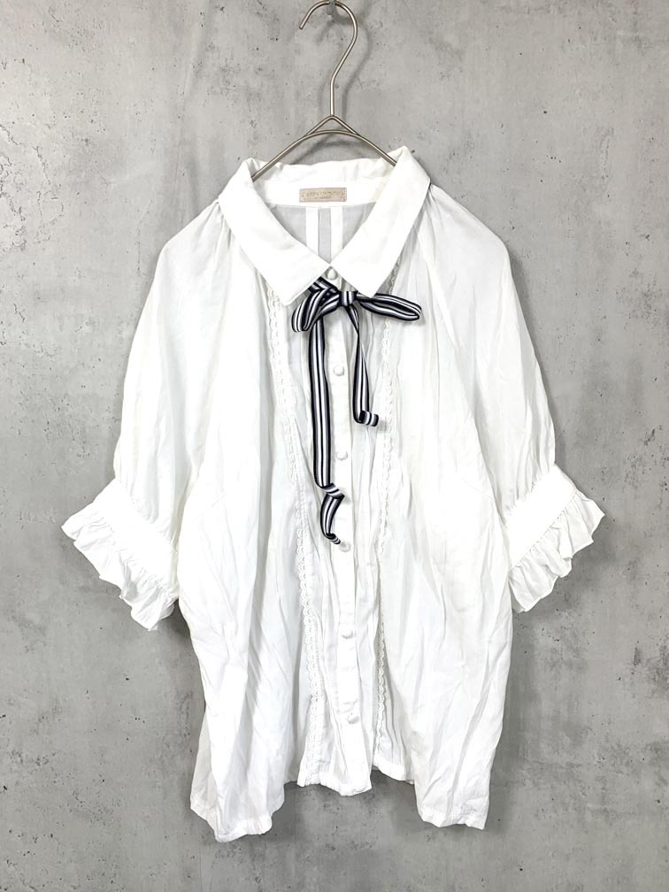 ゆうパケットOK axes femme アクシーズファム 定価5500円 ストライプリボンパフ袖 ブラウス シャツ sizeM/白 ■◆拍卖