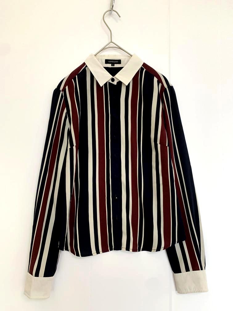 ゆうパケットOK LOVELESS ラブレス ポリエステル ストライプ シャツ size34/紺 ■■拍卖