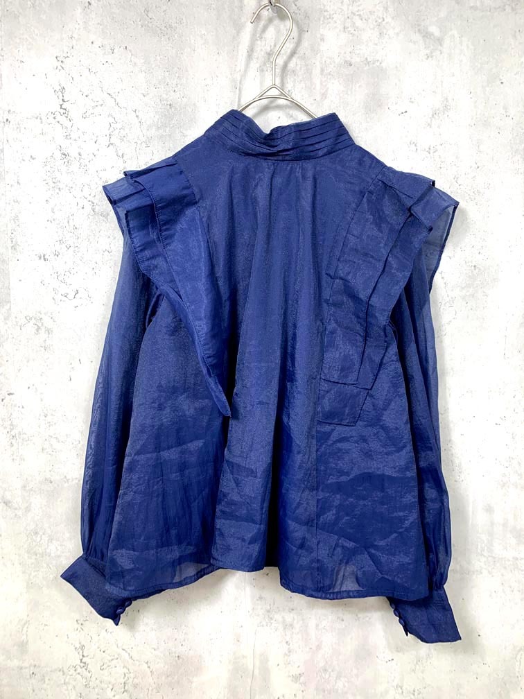 ゆうパケットOK 美品 SAISON DE PAPILLON セゾンドパピヨン 前後2Wayシアー素材リボンタイフリル ブラウス シャツ sizeS/青 ■■拍卖