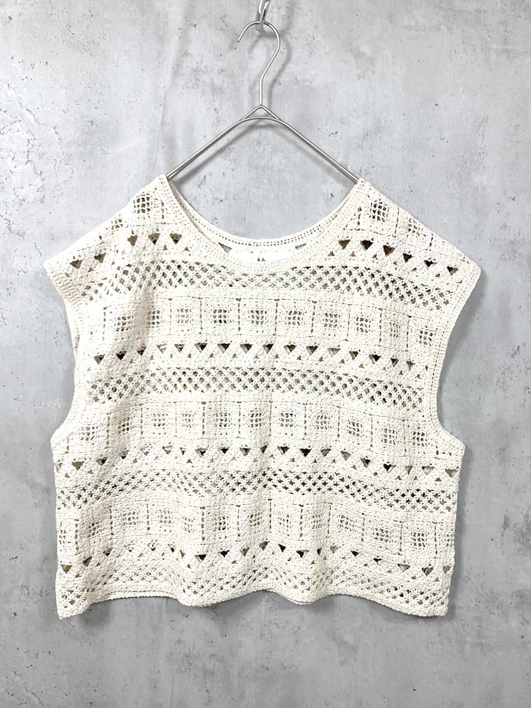 ゆうパケットOK 美品 pual ce cin ピュアルセシン 定価6930円 カギ針編み風ノースリーブ ニット セーター ナチュラル ■◆拍卖