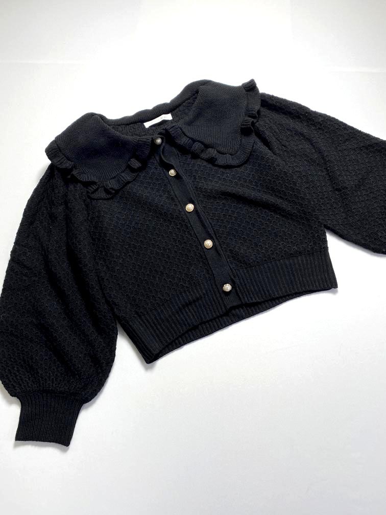 ゆうパケットOK 美品 Petit Fleur プチフルール 6P37l2D0300 定価6600円 ビッグカラーニット カーディガン sizeF/黒 ■■拍卖