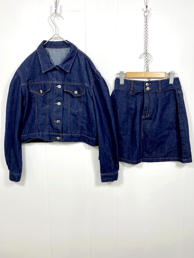 美品 CLEA クレア CL2233073 定価6900円 クロップド丈デニムジャケットセットアップ セットアップ sizeM/紺 ■■拍卖