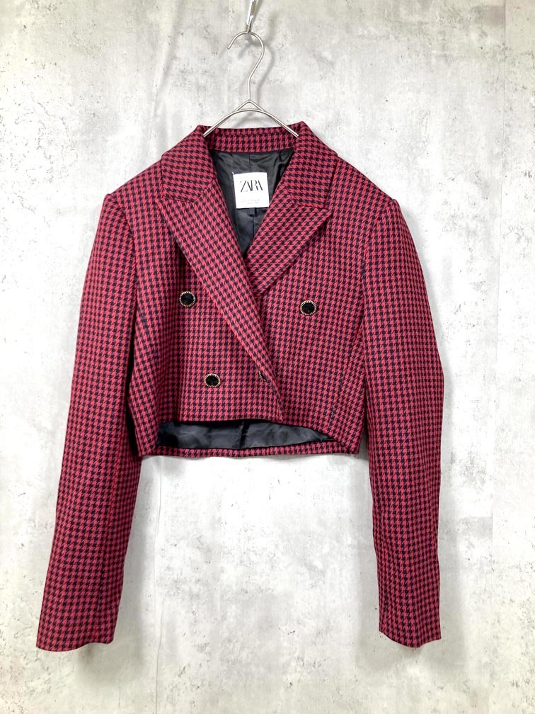 ゆうパケットOK 美品 ZARA ザラ 2010/746/600 チェック クロップド ジャケット sizeS/赤×黒 ■■拍卖