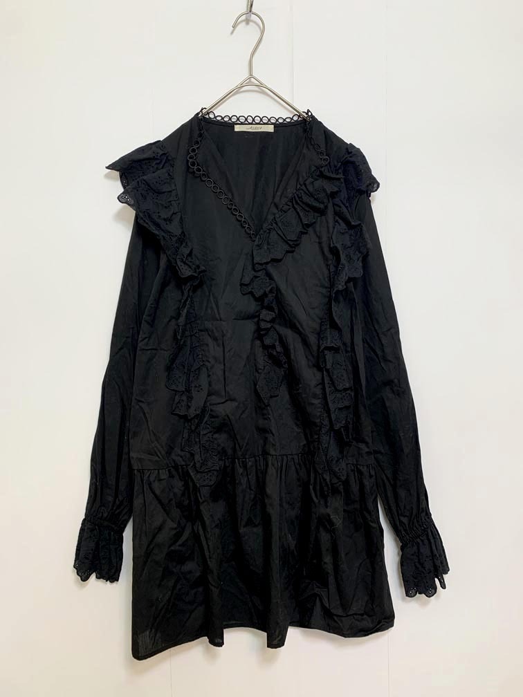ゆうパケットOK w closet ダブルクローゼット 354585 長袖 フリル シャツ ワンピース sizeF/黒 ■■拍卖