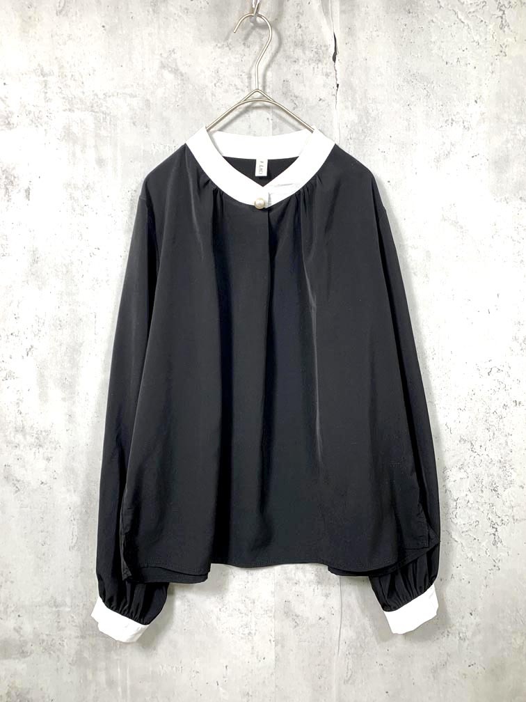 ゆうパケットOK Lace Ladies レースレディース 配色スタンドカラーハイネック 長袖 ブラウス シャツ sizeF/黒 ■■拍卖