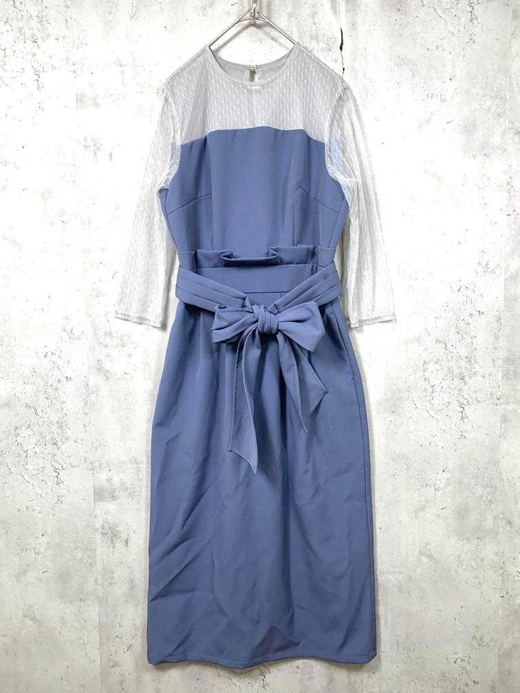 ゆうパケットOK Andemiu アンデミュウ AMG91771WE 定価12800円+税 ドットチュールコクーン ワンピース sizeM/水色 ■■拍卖