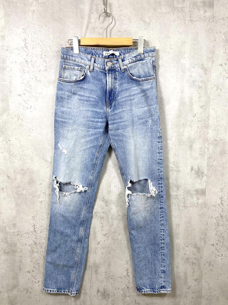 ZARA ザラ ストレート ダメージ クラッシュ デニムパンツ size38/水色 ■■拍卖